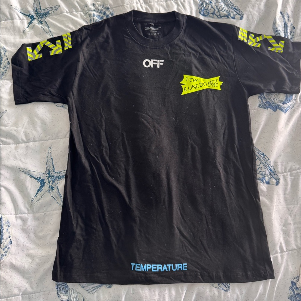 Off-White Black Tee with Yellow and Blue Graphics